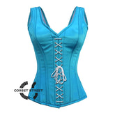 Baby Blue Satin With Front White Lace Gothic Overbust Burlesque Corset Waist Training Top